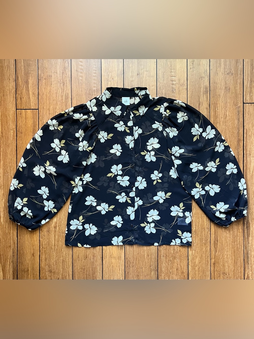 CAbi Cosmo Sheer Black and Cream Floral Blouse Size S